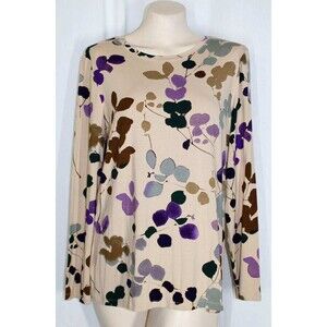 Chico's 2 L 12 14 Tan Leaves Stretch Rayon Knit Lightweight Tunic Top